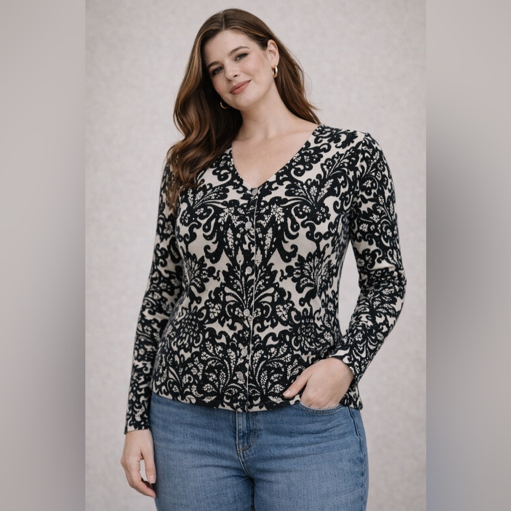White House Black Market Floral Cardigan M Black White Button Front Sweater